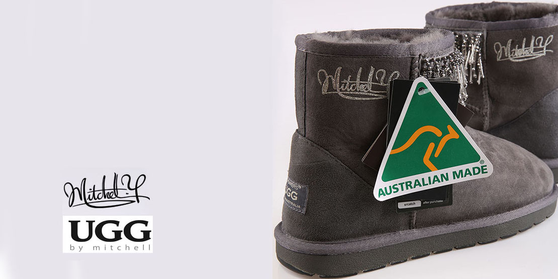 Grey mini boot with beaded cuff and the Australian Made tag